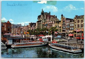 Postcard - Damrak with tour boats - Amsterdam, Netherlands