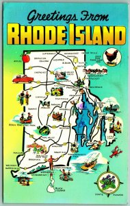 State Map Greetings From Rhode Island RI Chrome Postcard H5