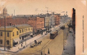 Logansport Indiana Broadway Looking East Trolley Postcard AA44094