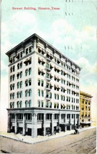 Postcard TX Houston Stewart Building Streetcar Tracks Buggy Shops RARE 1910 S54