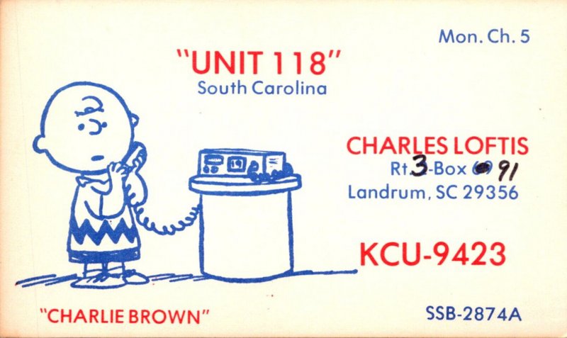 South Carolina Landrum QSL Card KCU 9423 Charlie Brown Charles Loftis