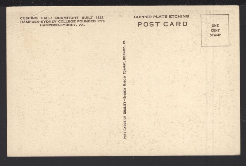 VA Hampden-Sydney College, Cushing Hall Dormitory 1822 Copper Plate Etching ~ WB