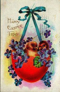 Happy Easter Tide Chicks in Egg Shell Ribbon Flowers 1908 DB Postcard E3