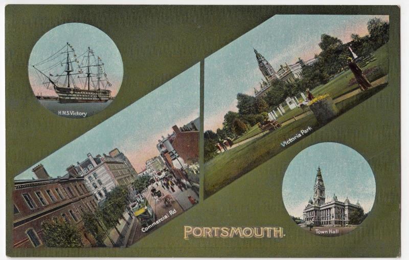 Portsmouth; Early Multiview PPC, By JayEmJay, c 1910, To Miss Mason, Wimbledon 