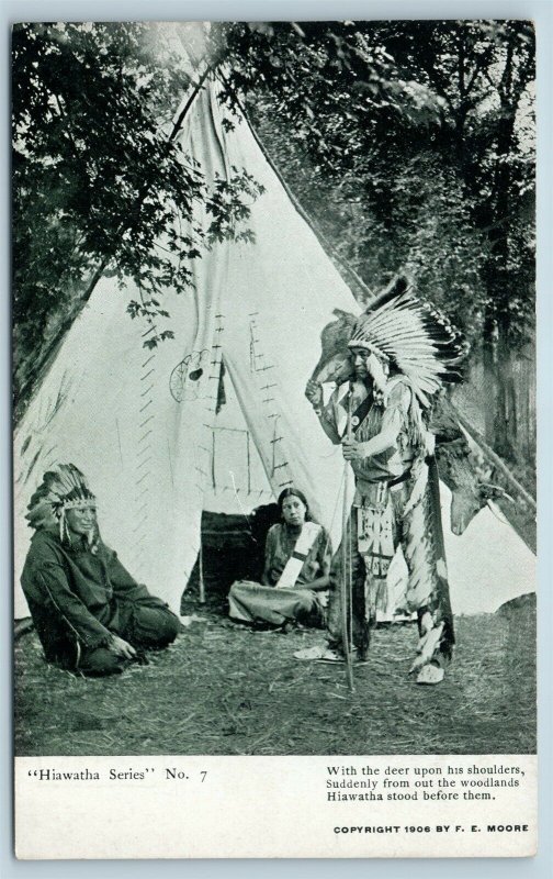 Postcard Hiawatha Series Indian Hiawatha Bringing Hunting Kill to Teepee Deer T7