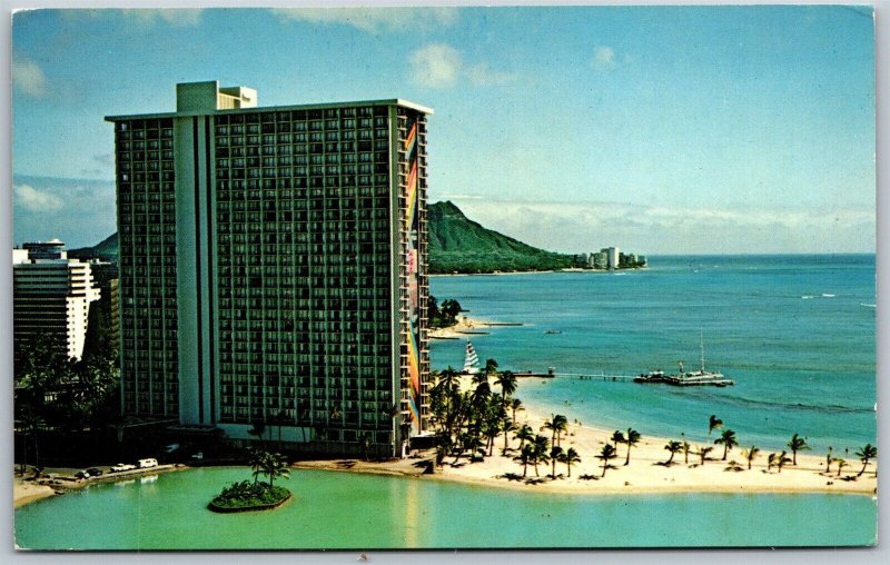 Vtg Waikiki Beach Oahu Hawaii HI Hilton Rainbow Tower Hawaiian Village Postcard