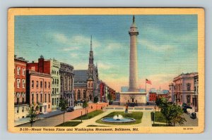 Baltimore, MD-Maryland, Washington Monu., Mt. Vernon Place, Linen c1942 Postcard