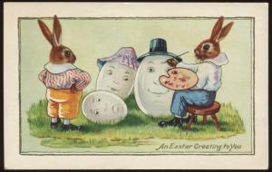 Vintage EASTER Postcard RABBITS Painting Easter Eggs Whit...