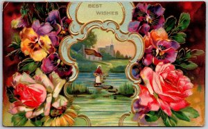 Best Wishes Pansies Flowers Woman In River Landscape Greetings Postcard