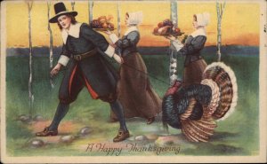 Thanksgiving Pilgrim Man and Women with Turkey Vintage Postcard