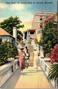 Rose Walk St George Hotel Bermuda linen postcard 1939 Yankee
