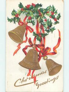Divided-Back christmas LARGE GOLDEN BELLS WITH HOLLY & RED RIBBON o4081