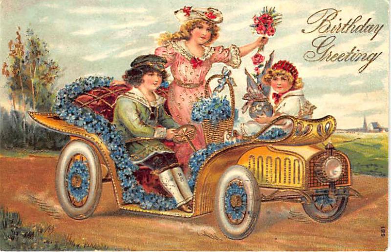 Riding in Automobile Birthday Greetings  Gold Gilded Embossed 1907 Postcard