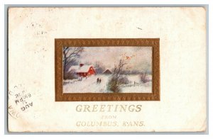 1912 Postcard Greetings From Columbus Kansas Vintage Standard View Embossed Card 