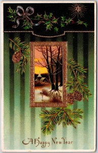 1916 A Happy New Year Framed Landscape Greetings and Wishes Posted  Postcard