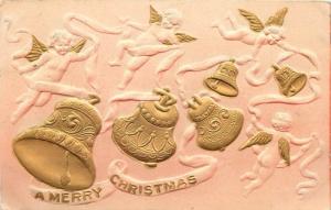 Embossed Airbrush Christmas Postcard Angel Cherubs Dancing Ringing Bells