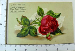 New Year's Trade Card Geo. E Fowler Fine Boots & Shoes Fabulous Red Rose #H