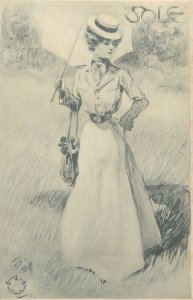 Lovely drawn lady artist undivided back postcard 1900s Sole