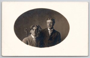 RPPC Two Charming Men Center Part Hair Oval Masked Photo Postcard N25