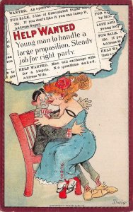 WIFE FOR BICYCLE ROMANCE HELP WANTED ARTIST SIGNED DWIG COMIC POSTCARD (1909)