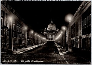 Roma Di Notte Via Della Conciliazione Rome Italy Real Photo RPPC Postcard