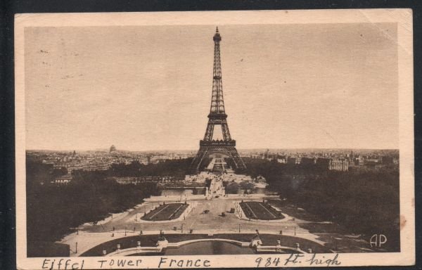 B & W PC Eiffel Tower, Paris, France used to Canada 1928