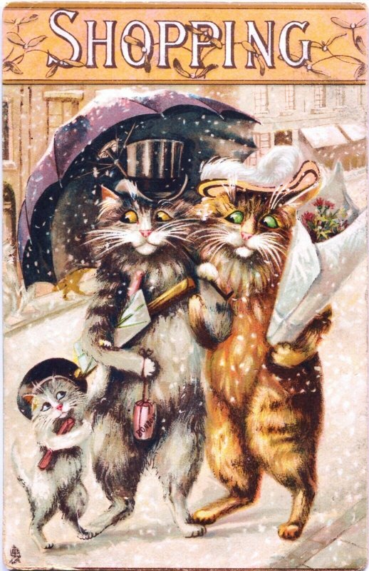 Tuck~M. Boulanger~STYLISH CAT FAMILY w/ SHOPPING BAGS~Antique Holiday Postcard