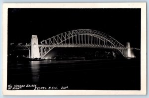 Sydney NSW Australia Postcard The Harbor Bridge at Night c1950's RPPC Photo