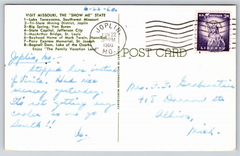 State Maps~Map of Missouri & 8 Views Key On Back~Vintage Postcard