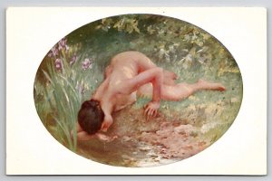 Art Nouveau The Bather Risque Woman Drinks In Creek Charles Lenoir Postcard A36