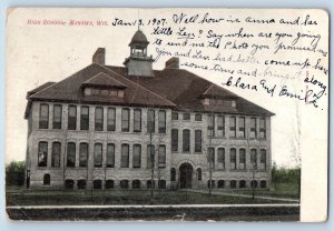 1907 High School Building Entrance Tower Campus Manawa Wisconsin Antique Postcar
