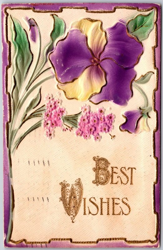 1910's Best Wishes Embossed Purple Flowers Glittered Corner Posted Postcard 