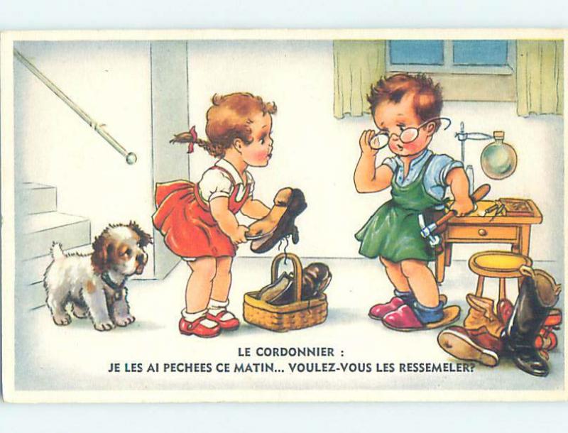 Pre-Chrome foreign DOG WATCHES CUTE GIRL VISIT COBBLER BOY TO REPAIR SHOE J5457