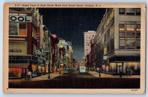 Trenton New Jersey NJ Postcard Night View State Street West Broad Street c1959
