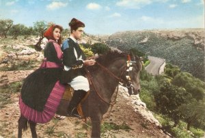 Landscape with couple riding horse Modern Italian photo PC. Size 15 x 10,5 cms