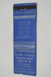 The Order of Railroad Telegraphers System Buy Bonds 20 Strike Matchbook Cover