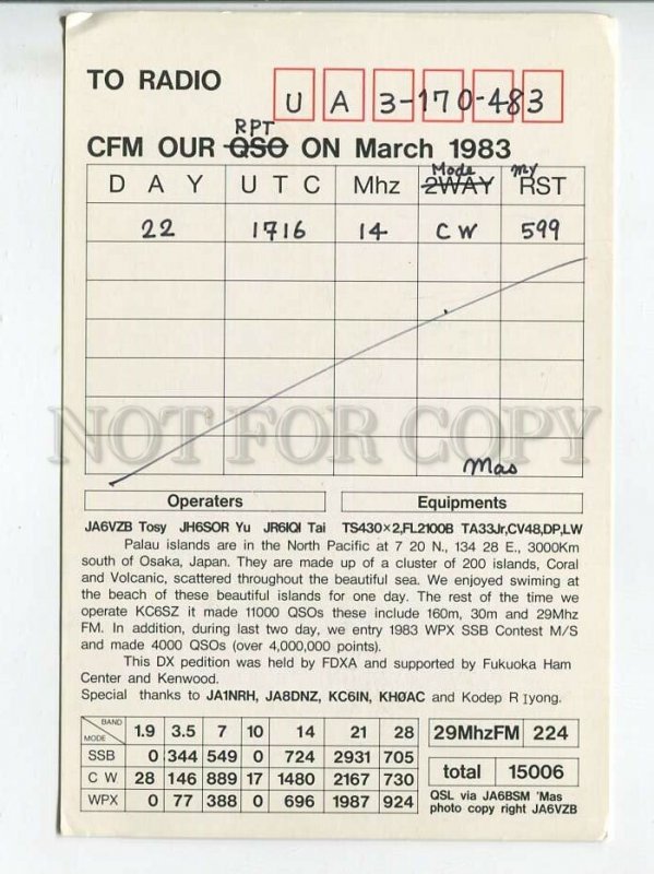 464537 1983 year United States Western Caroline Islands radio QSL card