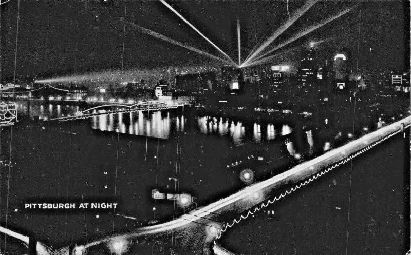 PITTSBURGH PENNSYLVANIA AT NIGHT POSTCARD 1930s