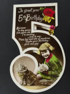 c1930's LITTLE GIRL, CAT & BUNNY RABBIT Cut Out Numeral 5th Birthday Postcard