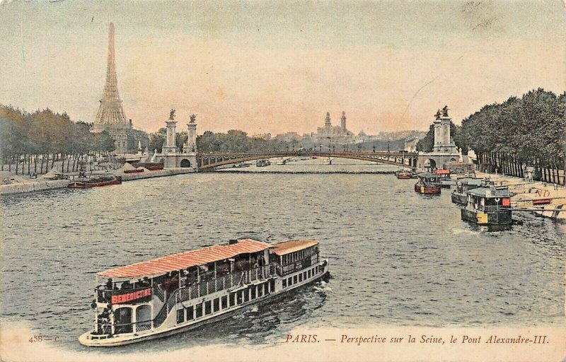 PARIS FRANCE~PERSPECTIVE sur le SEINE~PONT ALEXANDRE III-EIFFEL~PHOTO POSTCARD