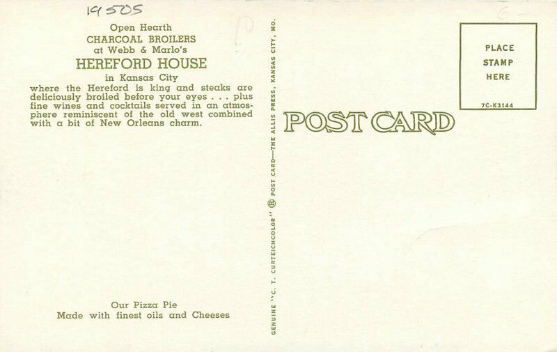 Charcoal Broilers Hereford House Kansas City Missouri 1950s Postcard Teich 11269