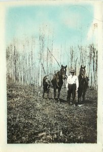 Hand-Colored RPPC; Man & 2 Saddled Horses, Landscape w/ Bare Trees, Unknown US