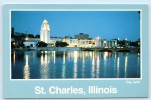 ST. CHARLES, Illinois IL ~ City Lights CITY HALL Fox River   4x6 Postcard