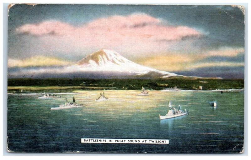 Mid-1900s Battleships in Puget Sound, WA Postcard 