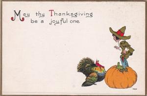 Thanksgiving Young Pilgrim Standing On Pumpkin Watching Turkey