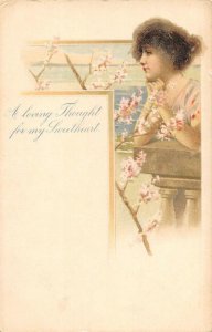 ROMANCE VALENTINES LOVING THOUGHT WOMAN FLOWERS PMC POSTCARD (c. 1900)