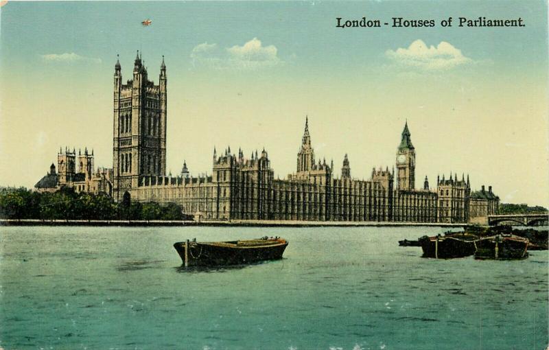 Houses of Parliment old boats River Thames Big Ben London UK England Postcard