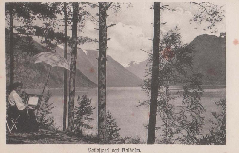 Vetlefjord Balholm Street Artist Painting Fishing Rod Antique Norway Postcard