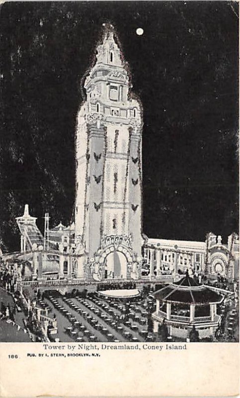 Tower by Night, Dreamland Coney Island, NY, USA Amusement Park Unused 