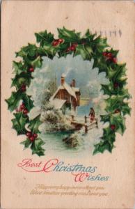 Best Christmas Wishes Xmas Greeting Wreathe Winter Scene c1921 Postcard D63 
